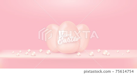 Happy Easter bright pink horizontal banner with soft 3d realistic egg on pastel pink background. Soft clay 3d style happy easter concept vector illustration. Happy easter background Happy Easter bright pink horizontal banner with soft 3d realistic egg on pastel pink background. Soft clay 3d style happy easter concept vector illustration. Happy easter background 75614754