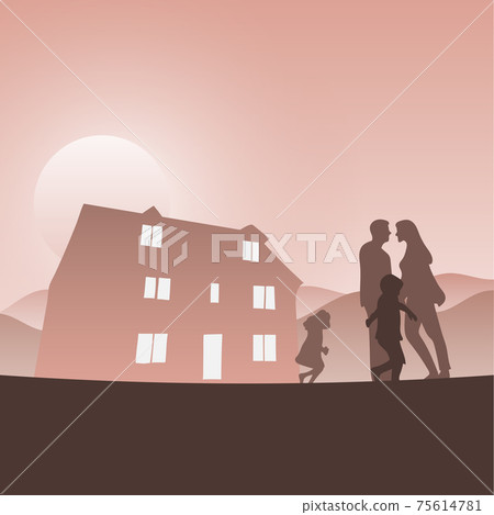 husband wife and two children staying together in front of their big house in the brown gradient shade background illustration vector. husband wife and two children staying together in front of their big house in the brown gradient shade background illustration vector. 75614781