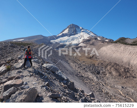 Woman on the Timberline Trail on Mount Hood, Oregon. 75615229