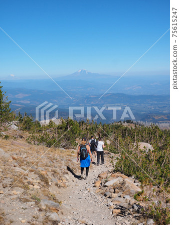 Hikers on the Timberline Trail on Mount Hood, Oregon. Hikers on the Timberline Trail on Mount Hood, Oregon. 75615247