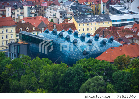 Kunsthaus Graz, the ultra-modern Graz Art Museum for contemporary art, looking a little like some alien life form plunked in the middle of Graz's old architecture. 75615340