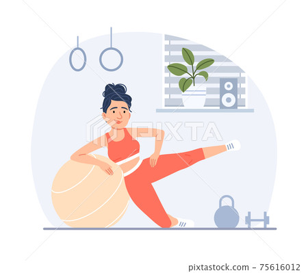 Flat young woman doing fitness with fit ball in gym. Healthy lifestyle sport training concept. Cartoon active slim girl with athletic body exercising. Weight control female workout illustration 75616012