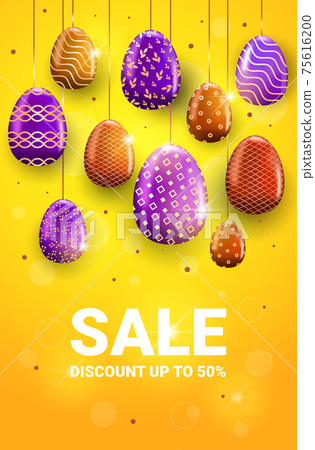 happy easter holiday celebration sale banner flyer or greeting card with decorative eggs vertical 75616200
