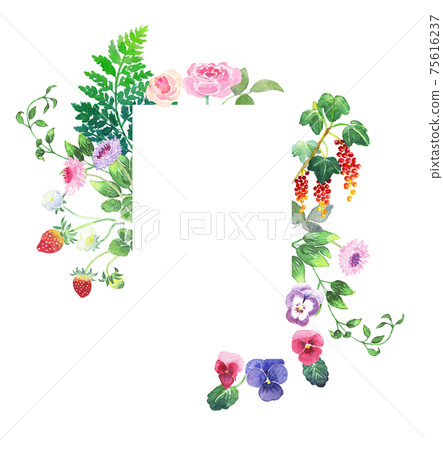 <Watercolor> Vertical rectangular frame material of magic forest bouquet (berries, pansies, roses, ferns, vines) 75616237