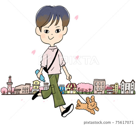 一個女孩沿著一排櫻花樹和一條狗散步 75617071