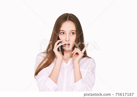 Talking smartphone. Calling friends. Businesswoman home office. Look side 75617187