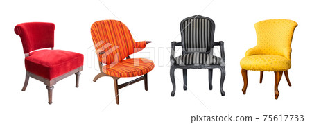 Set of different wooden chair furniture. Collage of side and front views of wooden and chair. 75617733