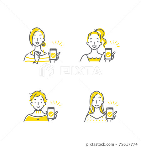 Simple and fashionable line art illustration set of four women laughing while showing their smartphones 75617774