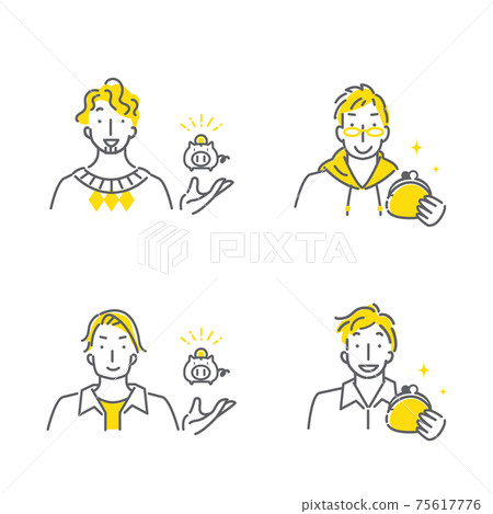 Simple and fashionable line art illustration set for smiling men Purse piggy bank 75617776