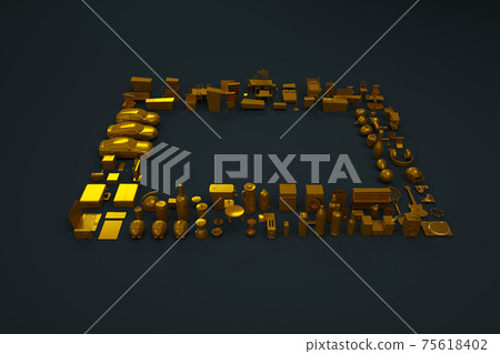 3D collection of home appliances, home appliances and furniture. Gold figurines. 3D models, figurines, furniture. Isometric things, computer graphics. Top view, dark background. 75618402