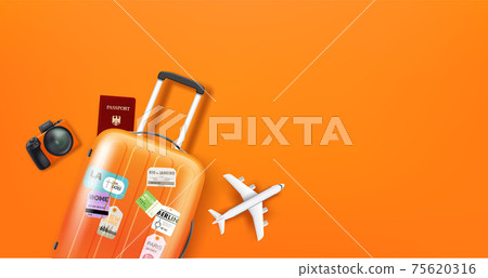 Travel illustration with different staff. Orange suitcase Travel illustration with different staff. Orange suitcase 75620316