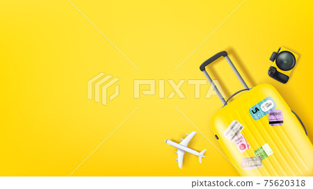 Travel illustration with yellow bag, camera and aircraft model. Flat lay illustration Travel illustration with yellow bag, camera and aircraft model. Flat lay illustration 75620318