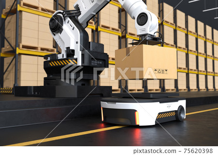 The Robot arm picks up the box to Autonomous Robot transportation in warehouses, Warehouse automation concept 75620398