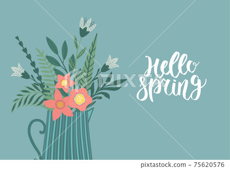 Happy Women s Day March 8 Cute card for the spring holiday. Vector illustration of a date, a women and a bouquet of flowers. 75620576