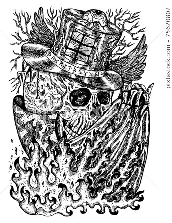 Black and white illustration with skull wearing illusionist, magician or wizard hat with flame on cloak. Mystic background for Halloween, esoteric, gothic, heavy metal or occult concept Black and white illustration with skull wearing illusionist, magician or wizard hat with flame on cloak. Mystic background for Halloween, esoteric, gothic, heavy metal or occult concept 75620802