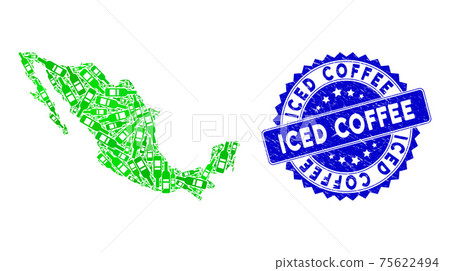 Scratched Iced Coffee Badge and Mexican Map Green Pattern of Wine Bottle Icons 75622494
