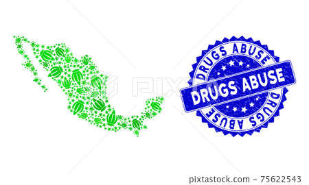 Grunge Drugs Abuse Seal and Mexico Map Green Mosaic of Heroine Poppy Icons 75622543