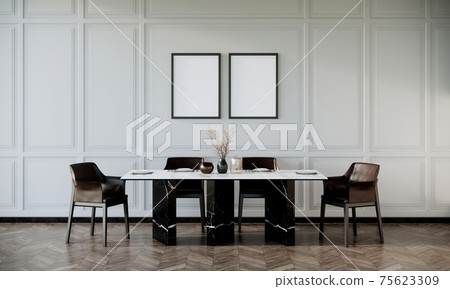 vertical picture frames mock up in modern retro dinning room interior with black chairs and dining table with wooden floor and white wall, 3d rendering vertical picture frames mock up in modern retro dinning room interior with black chairs and dining table with wooden floor and white wall, 3d rendering 75623309