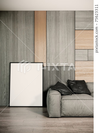modern interior with empty picture frame on wood wall background, living room, 3D 3D illustration modern interior with empty picture frame on wood wall background, living room, 3D 3D illustration 75623311