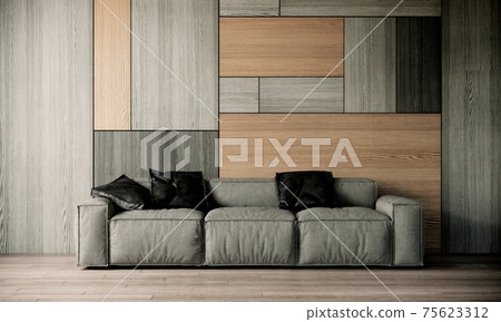 wood wall with gray sofa in modern interior background, living room, 3D render illustration wood wall with gray sofa in modern interior background, living room, 3D render illustration 75623312