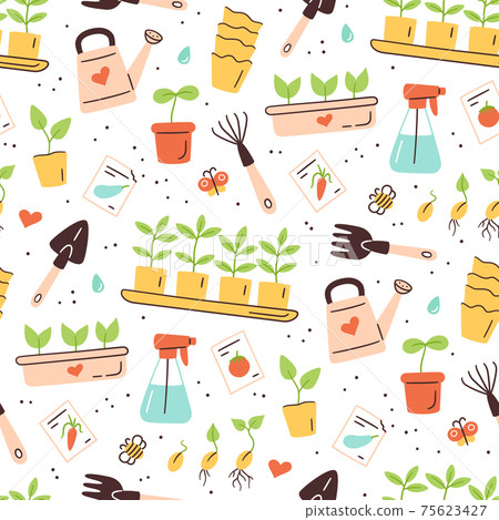 Seamless pattern with seeds and seedlings. Germination of sprouts. Tools and pots for planting 75623427