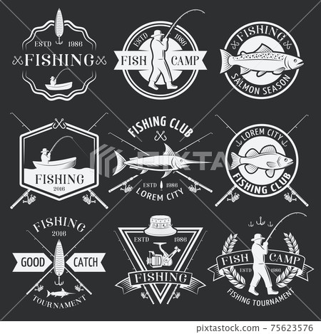 Fishing White Emblems On Black Background 75623576