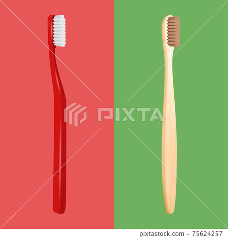 Vector 3d Realistic Red Plastic and Wooden Brown Bamboo Blank Toothbrush Se. Design Template, Mockup. Dentistry, Healthcare, Hygiene, Choice, Ecology Concept. Tooth Brush in Front, Top, Side View Vector 3d Realistic Red Plastic and Wooden Brown Bamboo Blank Toothbrush Se. Design Template, Mockup. Dentistry, Healthcare, Hygiene, Choice, Ecology Concept. Tooth Brush in Front, Top, Side View 75624257