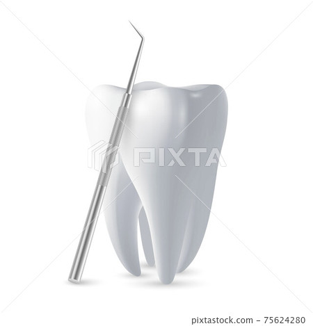Vector 3d Realistic Tooth and Dental Probe for Teeth Closeup Isolated on White Background. Medical Dentist Tool. Design Template, Clipart, Mockup. Dentistry, Healthcare, Hygiene Concept Vector 3d Realistic Tooth and Dental Probe for Teeth Closeup Isolated on White Background. Medical Dentist Tool. Design Template, Clipart, Mockup. Dentistry, Healthcare, Hygiene Concept 75624280