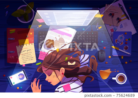 Woman sleep on workplace at night top view burnout 75624689