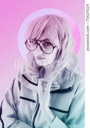 Funky woman in sunglasses. Crazy lady and surreal composition of textures, shapes, gradients. Contemporary art collage. Zine culture. Pop art. Fashion magazine style for posters, banners, wallpaper. Funky woman in sunglasses. Crazy lady and surreal composition of textures, shapes, gradients. Contemporary art collage. Zine culture. Pop art. Fashion magazine style for posters, banners, wallpaper. 75624824