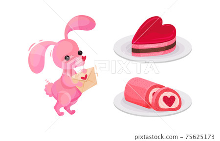 Pink Hare with Envelope and Heart Shaped Cake as Saint Valentine Day Festive Attributes and Symbols Vector Set 75625173