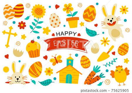 Happy easter flat color elements design. Easter set with object and decorations on white background. 75625905