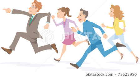 跑與微笑的一個小組商人。.團隊合作走向成功。 跑與微笑的一個小組商人。.團隊合作走向成功。 75625950