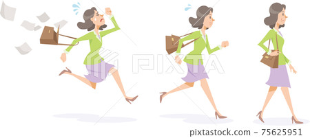 一個女商人走路,奔跑,散佈文件並急於衝破。女性,側身,全身。 一個女商人走路,奔跑,散佈文件並急於衝破。女性,側身,全身。 75625951