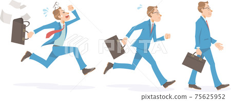 商人走動，奔跑，散佈文件並急忙衝破。男性，側身，全身。 75625952