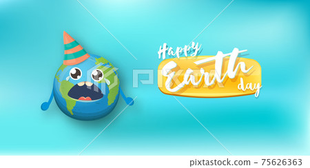 Cartoon earth day horizontal banner with cute smiling earth planet character with funny hat isolated on blue sky background. Eath day concept horizontal design template with funny kawaii earth globe Cartoon earth day horizontal banner with cute smiling earth planet character with funny hat isolated on blue sky background. Eath day concept horizontal design template with funny kawaii earth globe 75626363