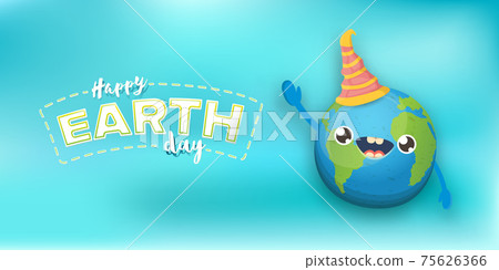 Cartoon earth day horizontal banner with cute smiling earth planet character with funny hat isolated on blue sky background. Eath day concept horizontal design template with funny kawaii earth globe Cartoon earth day horizontal banner with cute smiling earth planet character with funny hat isolated on blue sky background. Eath day concept horizontal design template with funny kawaii earth globe 75626366