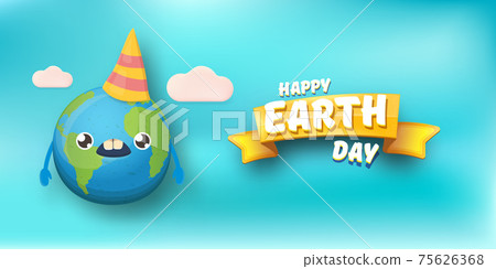 Cartoon earth day horizontal banner with cute smiling earth planet character with funny hat isolated on blue sky background. Eath day concept horizontal design template with funny kawaii earth globe Cartoon earth day horizontal banner with cute smiling earth planet character with funny hat isolated on blue sky background. Eath day concept horizontal design template with funny kawaii earth globe 75626368