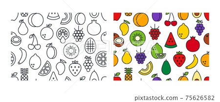 Set of vector seamless patterns with fruits. Endless texture, background, wallpaper. Linear color icons. Contour, shape, outline. Healthy food and vitamins 75626582