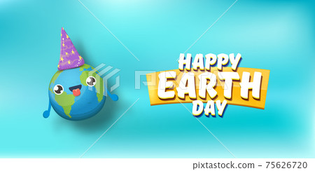 Cartoon earth day horizontal banner with cute smiling earth planet character with funny hat isolated on blue sky background. Eath day concept horizontal design template with funny kawaii earth globe Cartoon earth day horizontal banner with cute smiling earth planet character with funny hat isolated on blue sky background. Eath day concept horizontal design template with funny kawaii earth globe 75626720