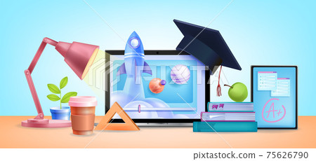 Online education school, internet university training courses background, laptop screen, lamp 75626790