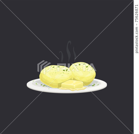 Hot cooked potato with butter and dill on plate Hot cooked potato with butter and dill on plate 75626871