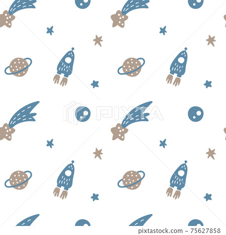 Vector flat space seamless pattern background. Cute color template with Astronaut, Spaceship, Rocket, Moon, Stars in Outer space Vector flat space seamless pattern background. Cute color template with Astronaut, Spaceship, Rocket, Moon, Stars in Outer space 75627858