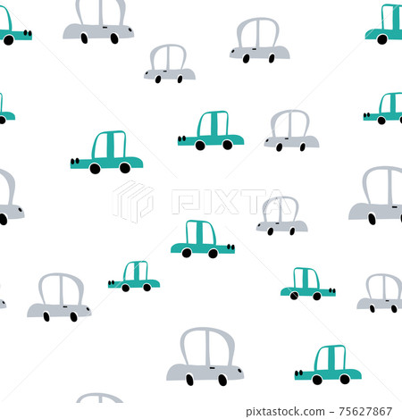 Vector pastel color doodle scandinavian cars. Seamless baby boy pattern. Texture for wallpaper, fills, web page background Vector pastel color doodle scandinavian cars. Seamless baby boy pattern. Texture for wallpaper, fills, web page background 75627867