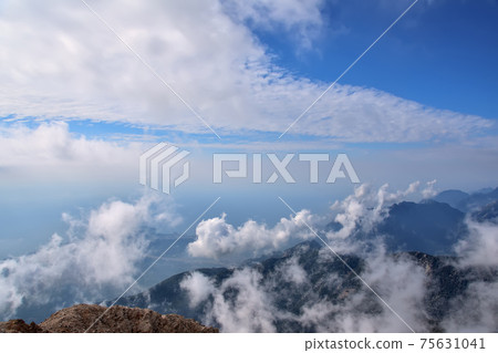 aerial view, view of the peaks of the Taurus Mountains, blue sky and clouds 75631041