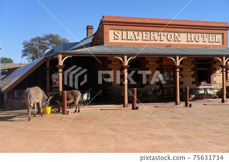Western-style pioneering retro hotels and horses at Silverton Village, Broken Hill, Australia 75631734