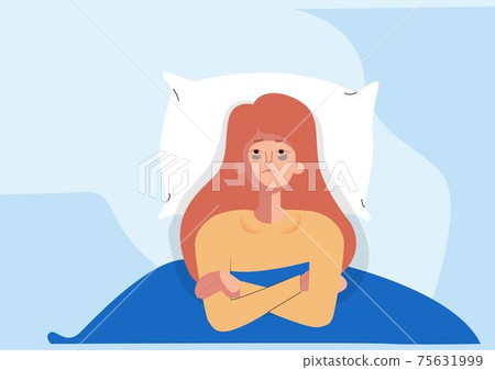 Sleepless girl suffers from insomnia. Woman in bed with open eyes in darkness night room. Flat cartoon style vector illustration. Sleepless girl suffers from insomnia. Woman in bed with open eyes in darkness night room. Flat cartoon style vector illustration. 75631999