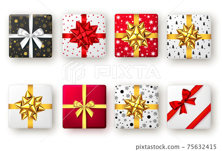 Red, golden, white and black gift box with ribbon and bow, top view. Red, golden, white and black gift box with ribbon and bow, top view. 75632415