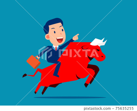 Ride a red bull. Bull market concept. Flat cartoon vector style design Ride a red bull. Bull market concept. Flat cartoon vector style design 75635255