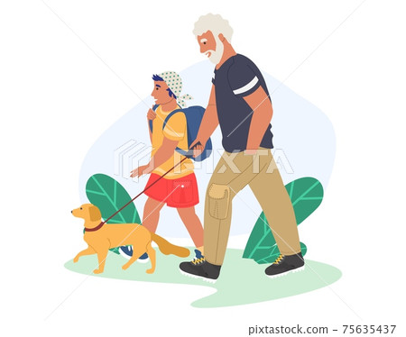 Grandfather walking with grandson and dog in the park, flat vector illustration. Grandparent grandchild relationships. Grandfather walking with grandson and dog in the park, flat vector illustration. Grandparent grandchild relationships. 75635437